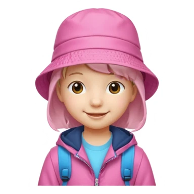 Little student wears pink bucket hat and jacket, backpack, happy sticker