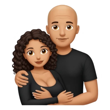 A picture of an embracing tanned couple. the man is a Mexican man with tanned skin, with a bald hair cut, and wearing a black shirt. the woman is mixed, with glasses,  with long curly dark brown hair and with big boobs. Remove the glasses from the guy sticker
