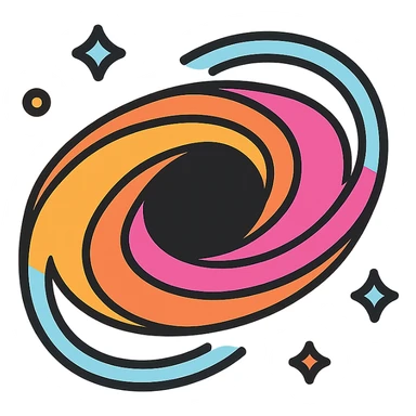 stylized icon of black hole with swirling accretion disk and visible gravitational lensing, minimalistic and bold sticker