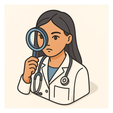 front view of a female doctor with dark long straight hair, detailed brown eyes (not dots), wearing a white coat, looking straight at the camera through a magnifying glass, thoughtful facial expression, minimalist background, 2D isometric style sticker