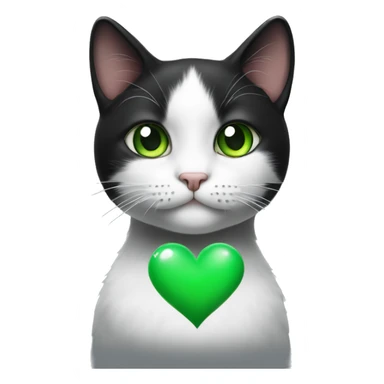 Realistic Black and white cat with green eyes holding a heart sticker
