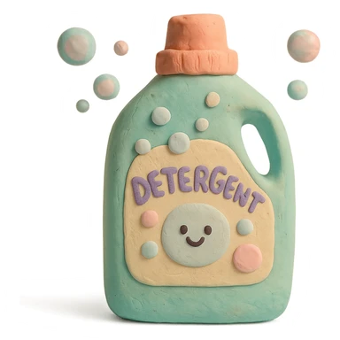 detergent bottle in claymation style with bubbles and a playful label, pastel palette sticker
