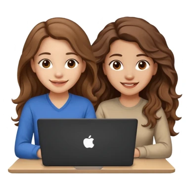 Cute female developer style sitting in front of laptop. No glasses, smiling with long hair waves. Light skin tone in early 20s. One black hair laptop sticker