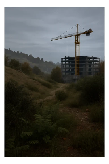  a scene amongst hills and bushes in the game DAYZ with a construction site and tall yellow crane in the background, screenshot, overcast day sticker
