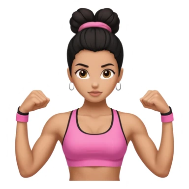 Caramel skinned toned female with a black bun for hair. Her eyes are a coffee color brown and almond shaped. She’s wearing a pink sports bra and showing off her flexed muscular toned biceps. She’s not holding anything in her hands sticker