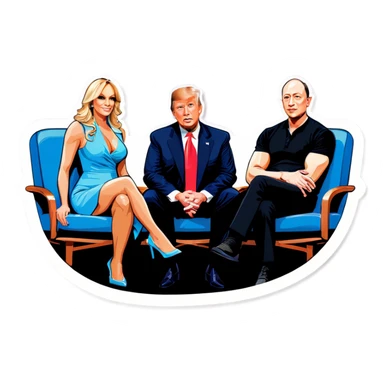 Four people, Trump, Stormy Daniels, Musk, and Bezos, side-by-side, sit sticker