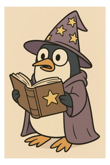 penguin wizard holding a spellbook, wearing a starry hat, cartoon style sticker