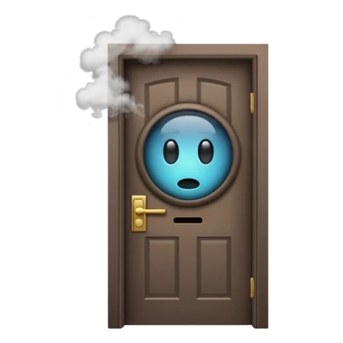 Minimalist emoji-style sticker of a half-open door, with smoke and a single glowing eye visible in the dark inside. Flat design, desaturated colors.
 sticker