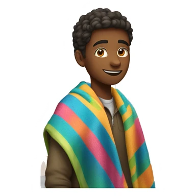 student at school with a colorful blanket wrapped around shoulders standing by locker sticker
