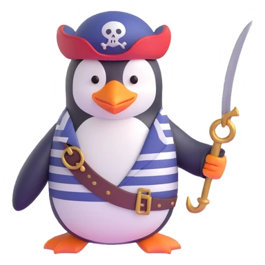 a penguin pirate with a hook hand and striped shirt sticker
