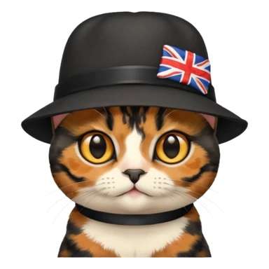 Cute mostly black tortoiseshell kitten wearing a british hat, golden eyes sticker