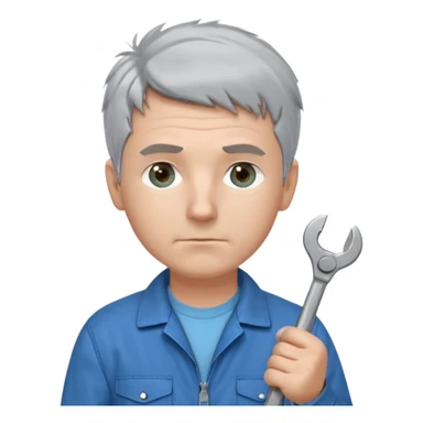 Calm and independent male technician, fair skin, short tousled grey hair, cool light-blue eyes, serious but composed expression, wearing a blue work jacket over a grey t-shirt, holding a wrench in one hand and a mechanical gear in the other, waist-up, front-facing sticker