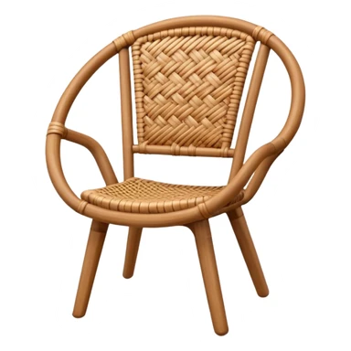 A 3D cartoon wooden chair with woven rattan seat, clean composition, bright background, Memoji-style rendering. sticker