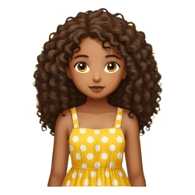 Create an image of a young beautiful black girl with detailed features. She has curly hair cascading down her shoulders and striking, large hazel eyes. She is wearing a yellow sundress with white polka dots. She is standing in a field full of sunflowers sticker