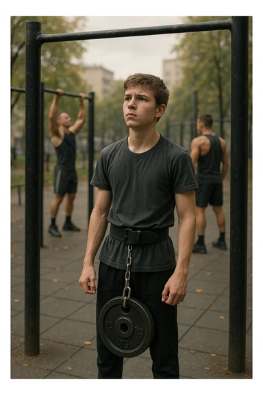 Giovane atleta neofita, fisico normale e non ancora sviluppato, si allena per la prima volta in uno spazio urbano per streetlifting: sbarra per trazioni, parallele, e pesi appesi alla cintura. L’ambiente è un parco cittadino o un’area outdoor sportiva, con luce naturale. L’atleta guarda la sbarra con determinazione e un po’ di insicurezza, ma con forte motivazione. Intorno, altri atleti più esperti. Stile realistico, atmosfera motivazionale, toni energici ma credibili, senso di inizio di un percorso sticker
