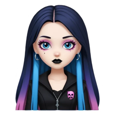 goth bratz baddie, beautiful blue eyes, gothic black makeup, long straight black-pink hair, black gothic hair styled, black goth clothes sticker