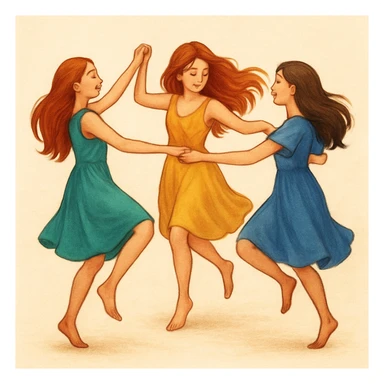 подобный рисунок девушки водят хоровод за руки, только более детализированный рисунок цветной ближе к векторному с тенями и бликами sticker