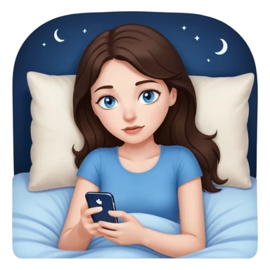 Brunett white girl with blue eyes, laying In bed at night , using her iPhone sticker