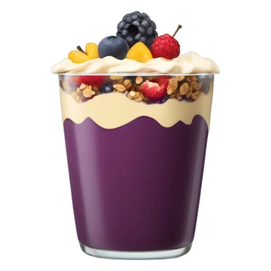 Açaí in a clear cup with layers of fruits and granola and condensed milk sticker