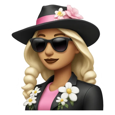  woman wearing a black hat adorned with a white flower and smaller decorative flowers. She is also wearing black sunglasses and a shiny pink jacket over a black top. She appears in a side profile pose , her head slightly tilted back. White skin sticker