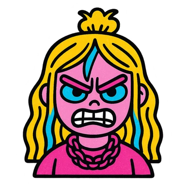 angry Billie Eilish, expressive face, iconic hair, stylized portrait, bold vibrant colors, pop art style sticker