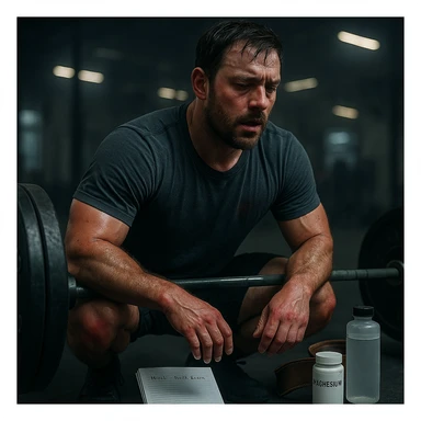 Inspired by the provided image, depict an athletic early 30s man performing a heavy deadlift, sweat, hands with chalk, diary nearby, dark circles and redness on joints. On the floor: water bottle, magnesium, belt. Background: blurred gym with cold lighting. Cinematic realism. sticker