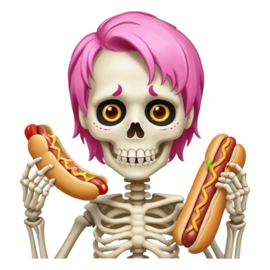 skeleton with pink hair eating a hot dog sticker