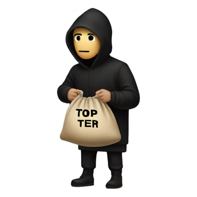 Thief wearing all black clothes actively stealing a beige money bag with the words Top Tier embroidered on it sticker