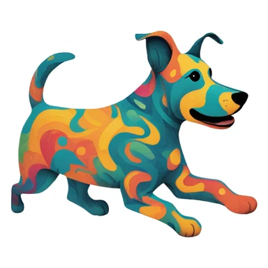 Abstract quirky funky made of different shapes dog running and squiggles linocut multicoloured illustrations  sticker