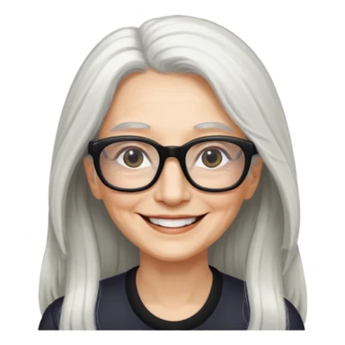 femme 60ans  avec de long cheveux blanc et des lunettes rectangles noir sourrir sticker
