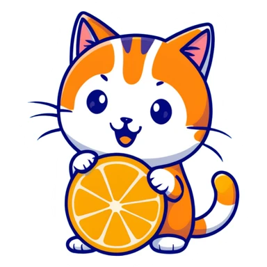 Cartoon orange cat eating an orange fruit that has a cat face on it sticker