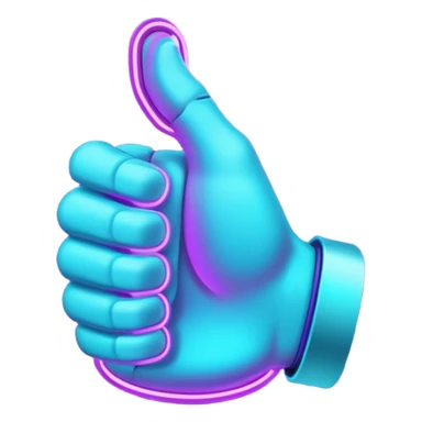 futuristic glowing thumbs up, neon purple and cyan light, dark background, digital tech style sticker