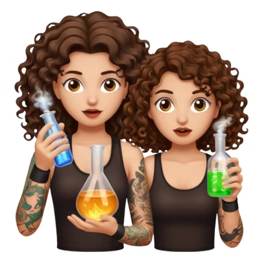 wrong mixture — long wavy brown hair tattooed woman and short tight curly brown hair woman — panic holding glowing flask sticker