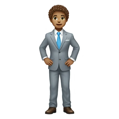 Little young  gentleman wearing a grey suit with white shirt and baby blue tie with blue eyes ,  very white  skin and brown curly hair and full body . Wearing a watch  sticker