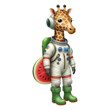 a round watermelon body with only the head of a giraffe sticking out, wearing brown boots and an astronaut helmet sticker