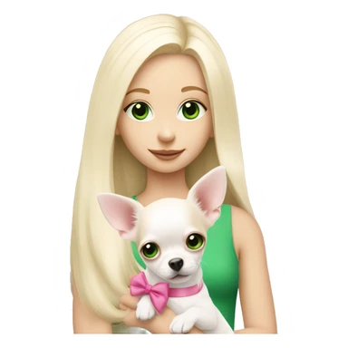 pale blond girl with long platinum hair with green eyes holding a white chihuahua puppy that wearing a pink bow sticker