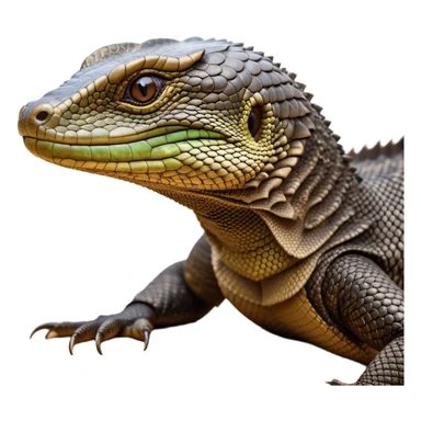 Cinematic Realistic Noble Monitor Lizard Portrait Emoji, Poised and imposing, with a robust, muscular build and a rugged, intricately scaled hide in natural olive and dark brown tones, a sharply defined head with intense, observant eyes, rendered with lifelike detail and authentic texture, high shine, intelligent and formidable, styled with an air of desert authority, focused and attentive, soft glowing outline, capturing the essence of a watchful and confident monitor lizard that appears ready to stride out of the screen with effortless power! sticker