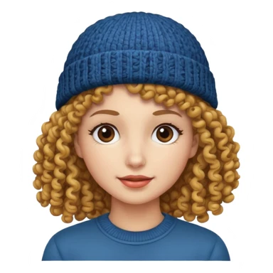 woman with curly hair and a beanie sticker