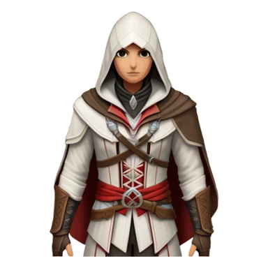 icon featuring Assasin's Creed in an iconic assassin's hood, standing tall against the backdrop of Florence. The design captures the essence of adventure, with intricate details of historical architecture and a sense of mystery. The character is poised, ready for action. transparent background. sticker