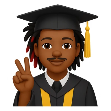Create a male African American graduate emoji based on the reference photo with his hairstyle and features, wearing a graduation cap and gown, making a peace sign. Remove the background. sticker
