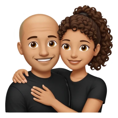 A picture of a tanned couple embracing. the man is a Mexican man with tanned skin, a bald hair cut, short beard and wearing a black shirt. the woman is mixed, with curly brown hair in a pony tail and with big boobs  sticker