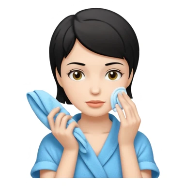 a white woman who has black short hair cleaning her face sticker
