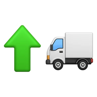 Create an Apple-style emoji set featuring a single green upward arrow on the left and a delivery truck on the right. Both elements should be clearly separated. The background must be fully transparent with no color or pattern, mimicking real Apple emojis. sticker
