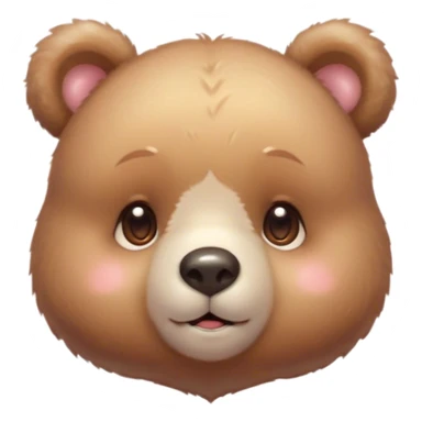 Cinematic cute soft bear, chubby round face, tiny ears, warm fuzzy fur, blushing cheeks, sparkling kind eyes, soft glowing background, heartwarming and huggable. sticker