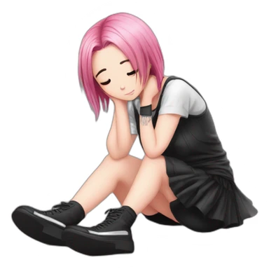 Full body Front view curvy emo girl pink hair sits on the floor straight view hands up black skirt полосатые рваные чулки sticker