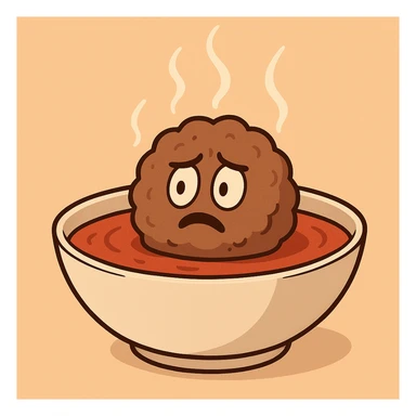 a meatball in a bowl of tomato sauce, steam rising, minimal style sticker