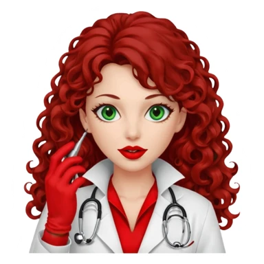 Lilith symbol sexy evil woman. She has green eyes.  had brown long curly hair.  evil surgeon kills with scalpel wears red sexy doctor coat with red mouth cover red gloves. Covers nose, neck  and mouth with red cloth sticker