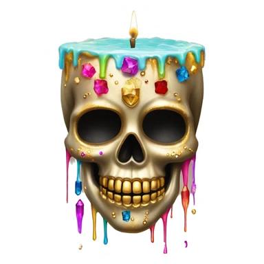Realistic sugar skull decorated with colorful rhinestones with metallic gold candle on top of its head dripping down melted metallic gold wax down the skull sticker