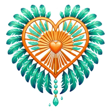 orange glittery heart, shattered in pieces  with mint green water dripping down and art deco feathered fans on the edges  sticker