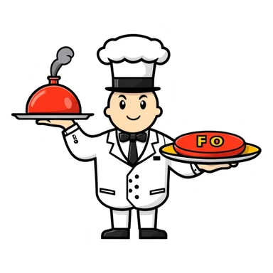 A butler holding a platter with an old-fashion bomb on it with the letters FO on the bomb sticker